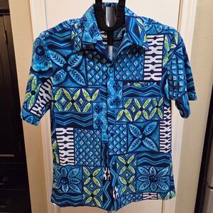 Vintage Malihini Hawaii Blue Green Geometric Patchwork Aloha Shirt Short Sleeve